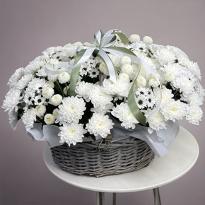 Композиция в корзине "Снежная лавина" из хризантем в Фрязино