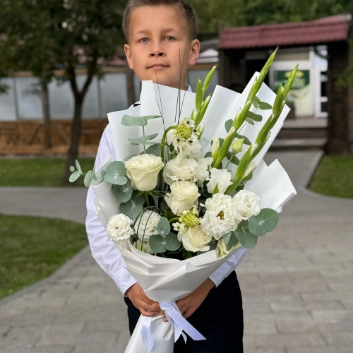 Букет на 1 сентября с гладиолусами, розами, эустомой и орнитогалумом в Фрязино